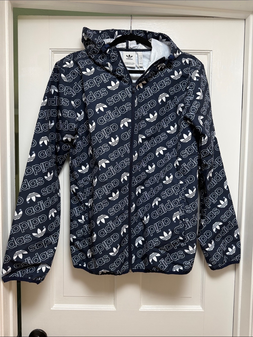 Adidas Blue & White All Over Logo Hooded Jacket-S NWT -Unisex **See Measurements